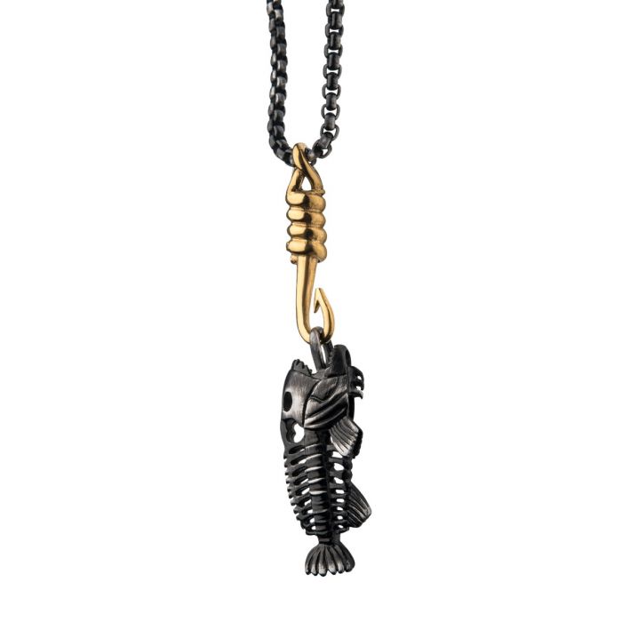 Black Plated Fishbone Pendant on a Polished Gold-Plated Hook with Black Plated Box Chain | INOX