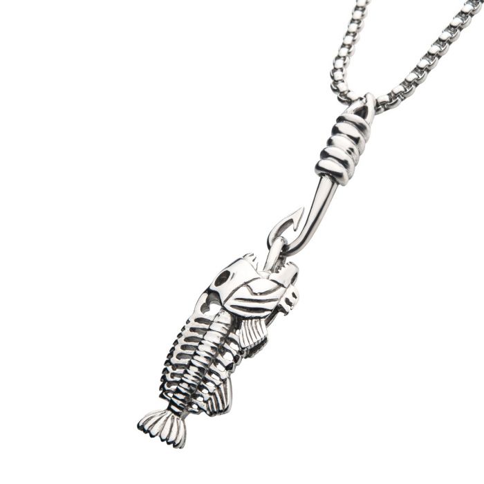 The Polished Steel Fishbone Pendant with Hook & Box Chain by INOX features a uniquely designed fish skeleton hooked by a fishing hook, crafted from steel and attached to a robust, 24-inch silver box chain.