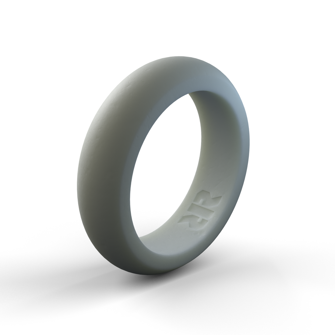 A 3D-rendered image of a Baxley Jewelry Women's Gray Silicone Wedding Ring with a smooth, matte finish. The active lifestyle ring stands upright on its edge at an angle. A subtle 'R' logo is embossed on the inner surface of the medical grade silicone ring. The background is plain white.