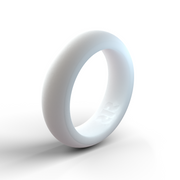 A smooth, white Women's White Silicone Wedding Ring with a simple and modern design, positioned upright at a slight angle, casting a subtle shadow on a plain white background. Made from medical grade silicone by Baxley Jewelry, the interior features the embossed initials "RR," perfect for active lifestyles.